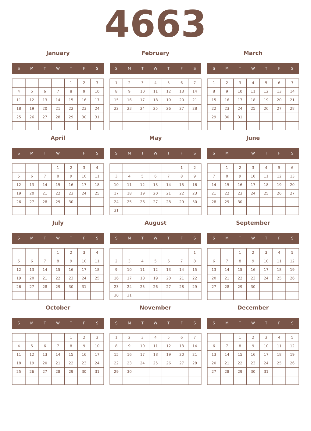 Printable 4663 Year Calendars coffe
