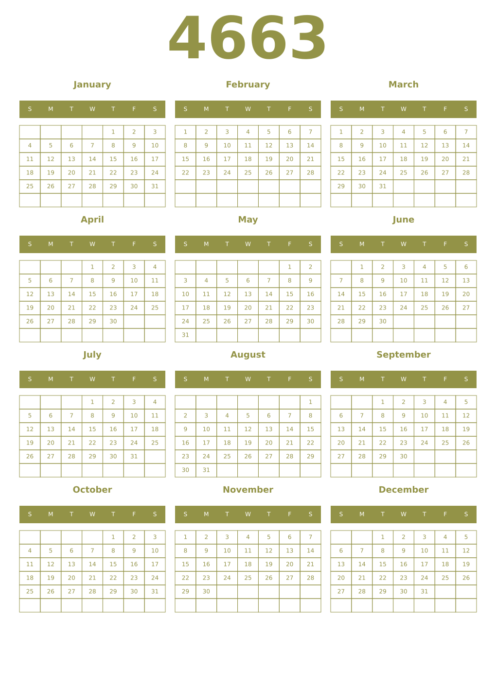 Printable 4663 Year Calendars eburnean