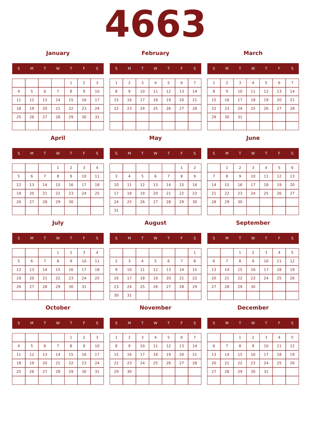 Printable 4663 Year Calendars falu