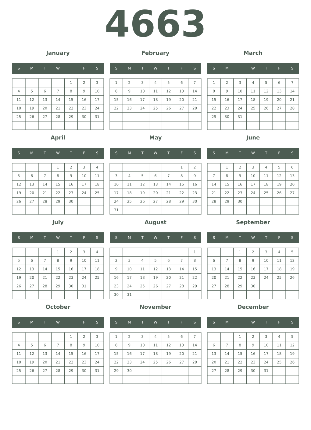 Printable 4663 Year Calendars feldgrau