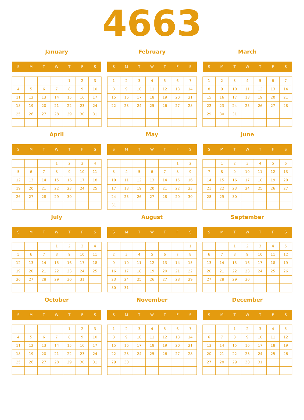 Printable 4663 Year Calendars gamboge