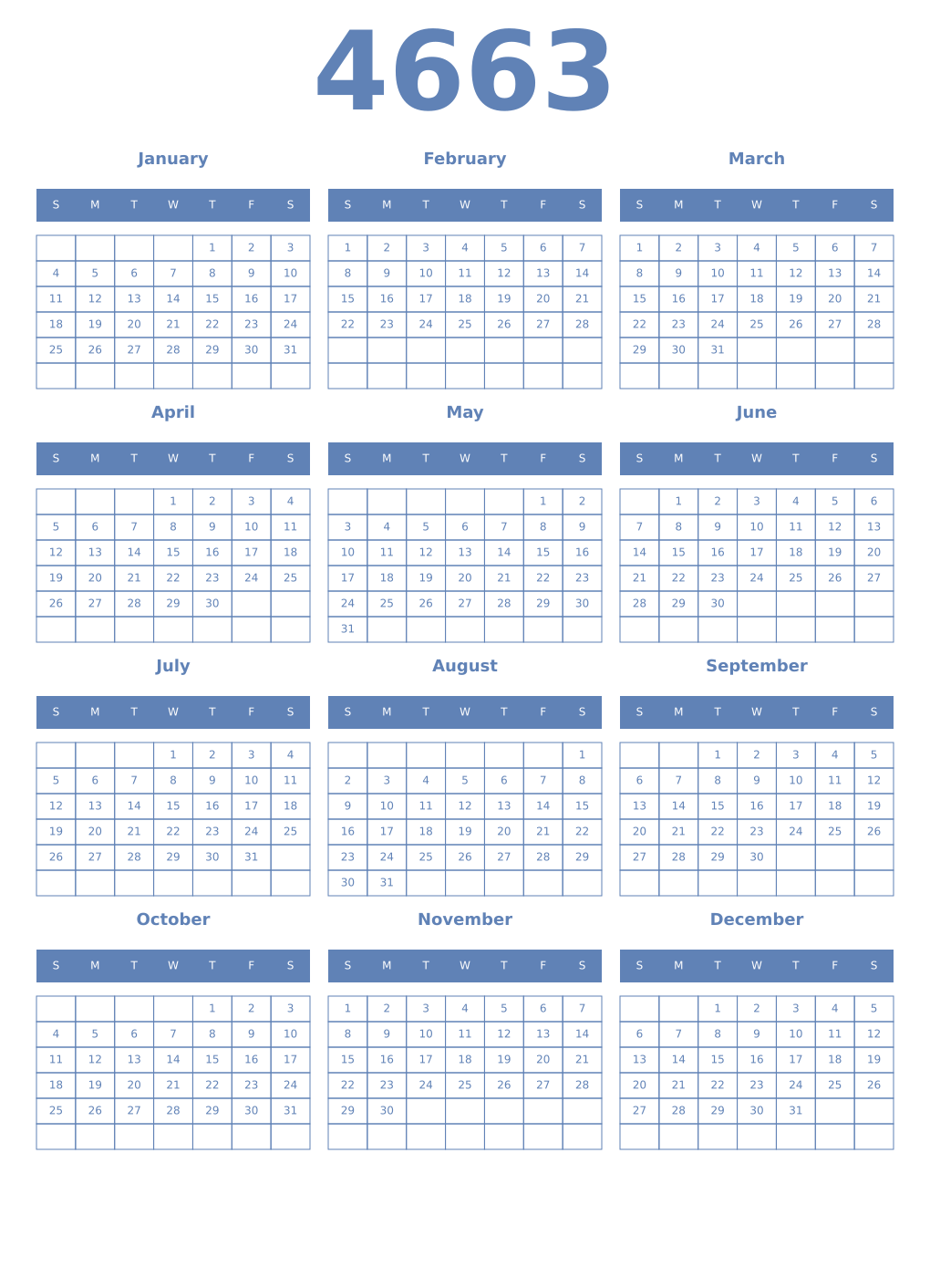 Printable 4663 Year Calendars glaucous