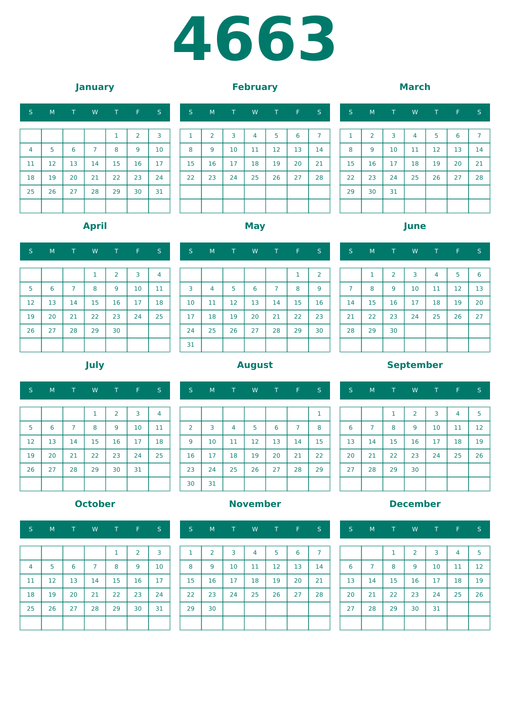 Printable 4663 Year Calendars pastel