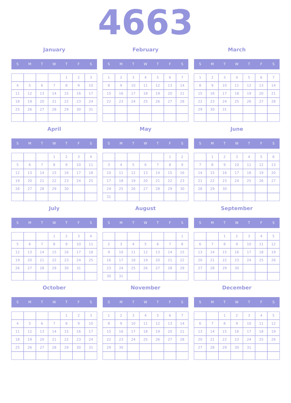 Printable 4663 Year Calendars periwinkle