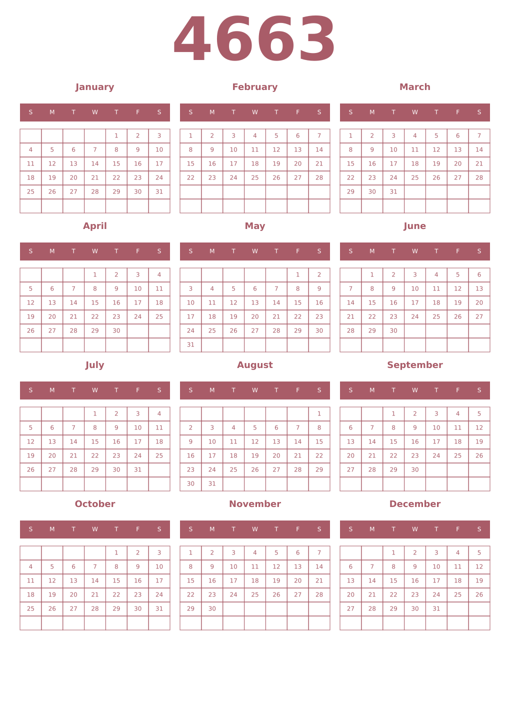 Printable 4663 Year Calendars puce