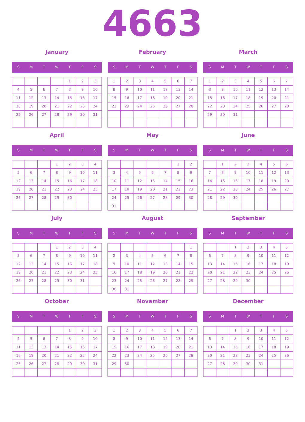 Printable 4663 Year Calendars purple