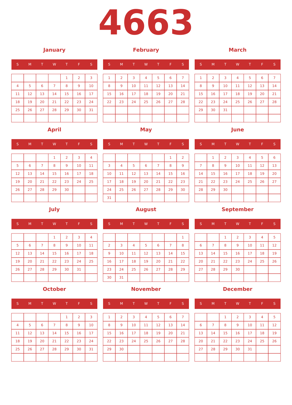 Printable 4663 Year Calendars red