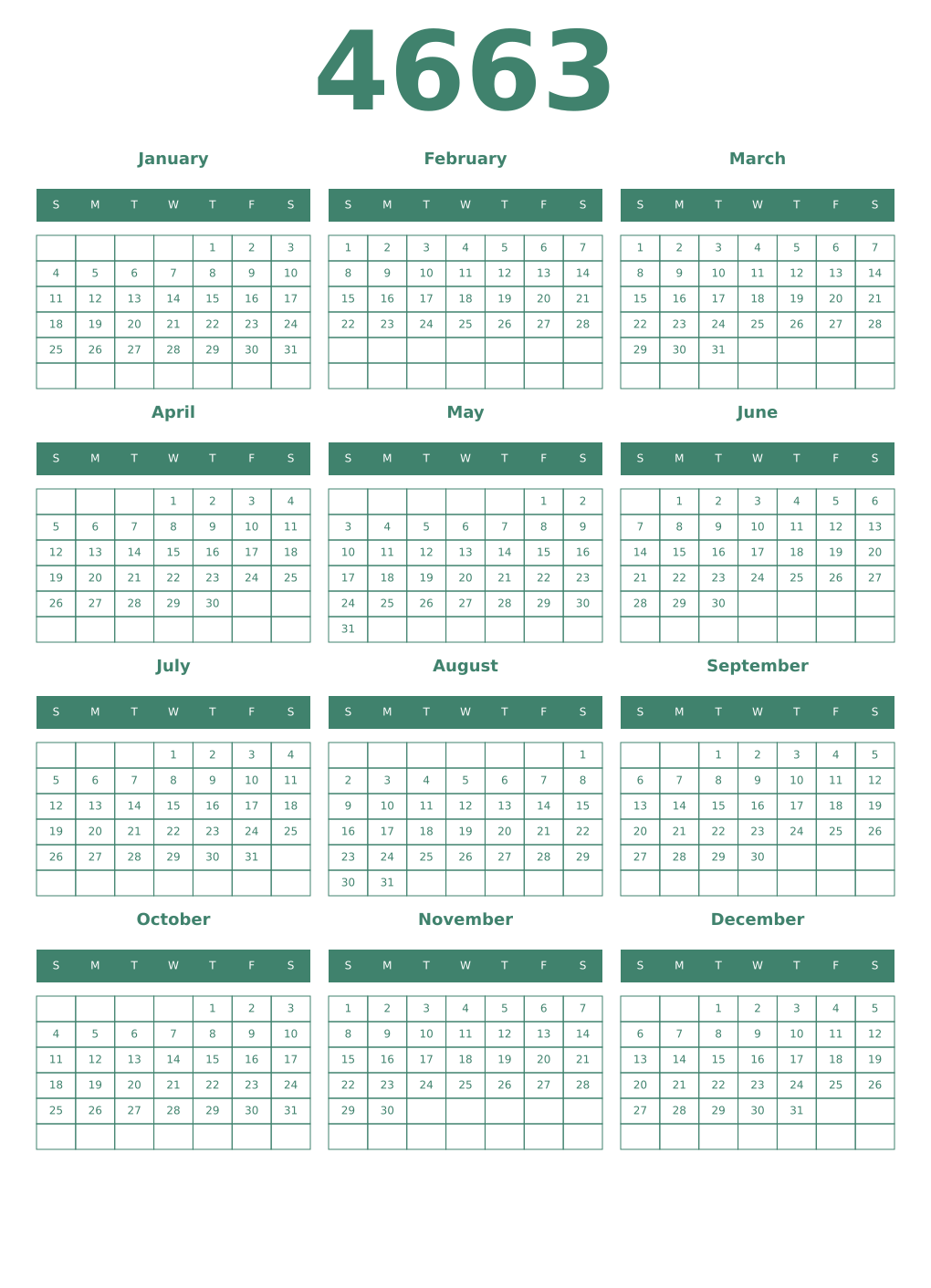 Printable 4663 Year Calendars viridian