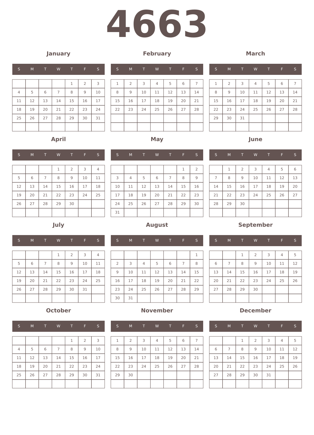 Printable 4663 Year Calendars wenge