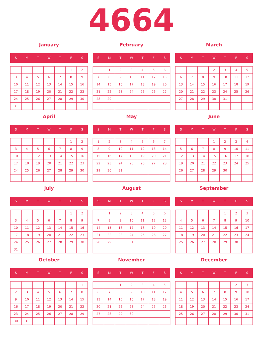 Printable 4664 Year Calendars amaranth