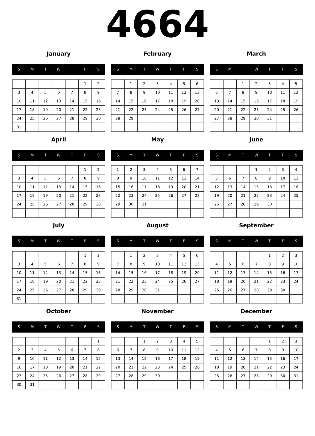 Printable 4664 Year Calendars black