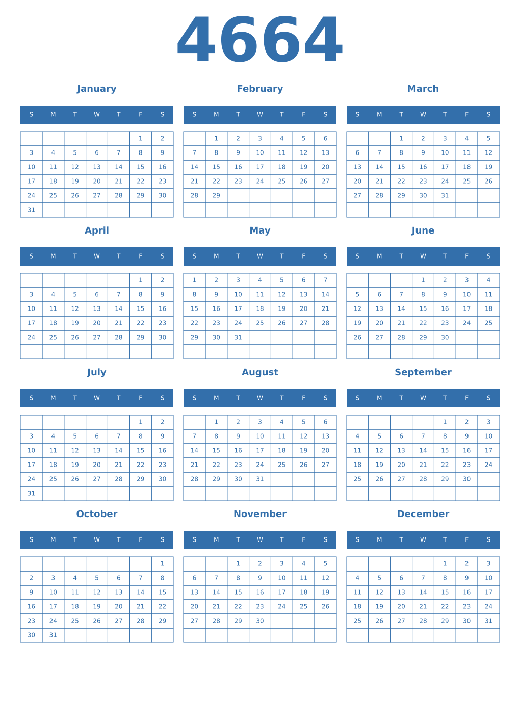 Printable 4664 Year Calendars blue