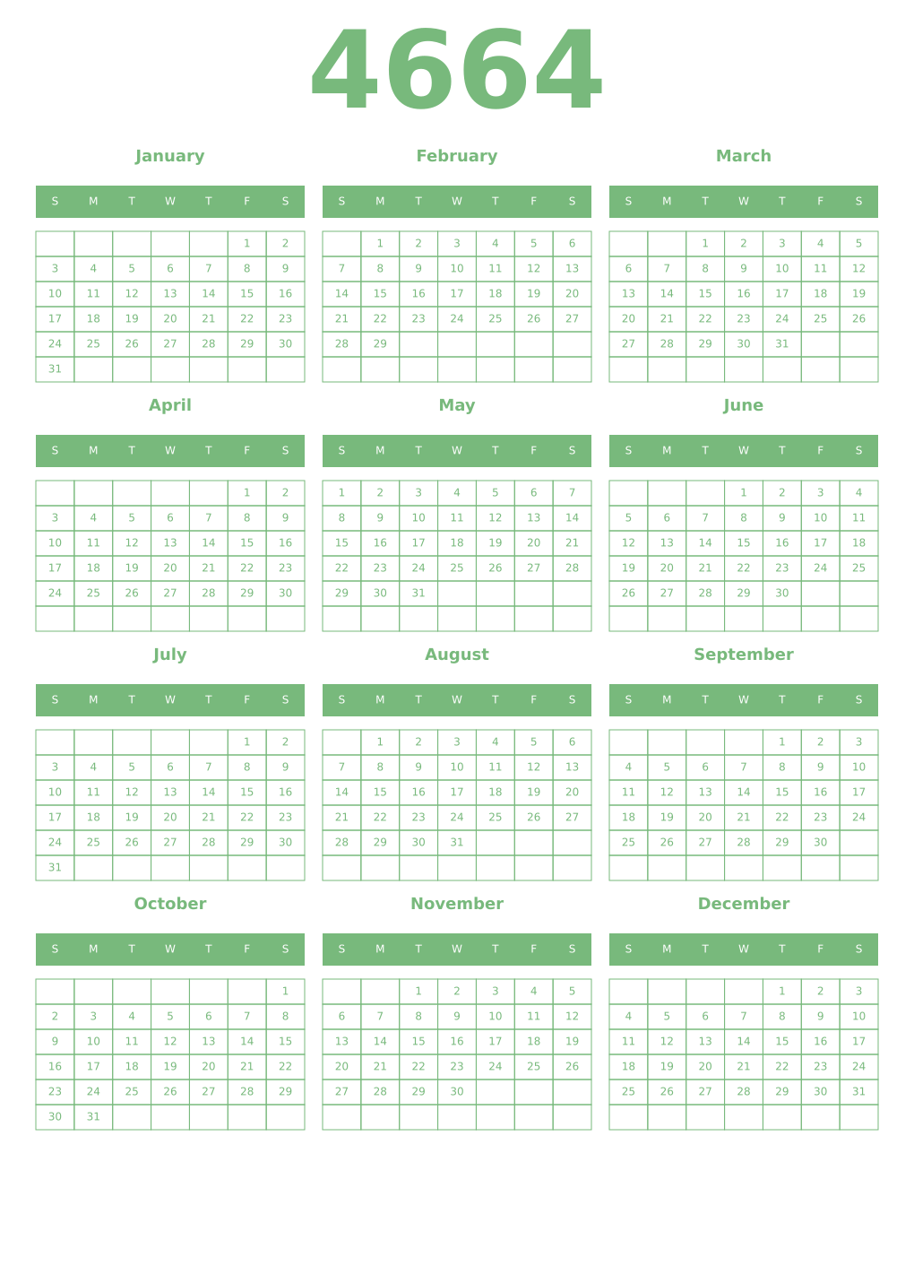Printable 4664 Year Calendars celadon