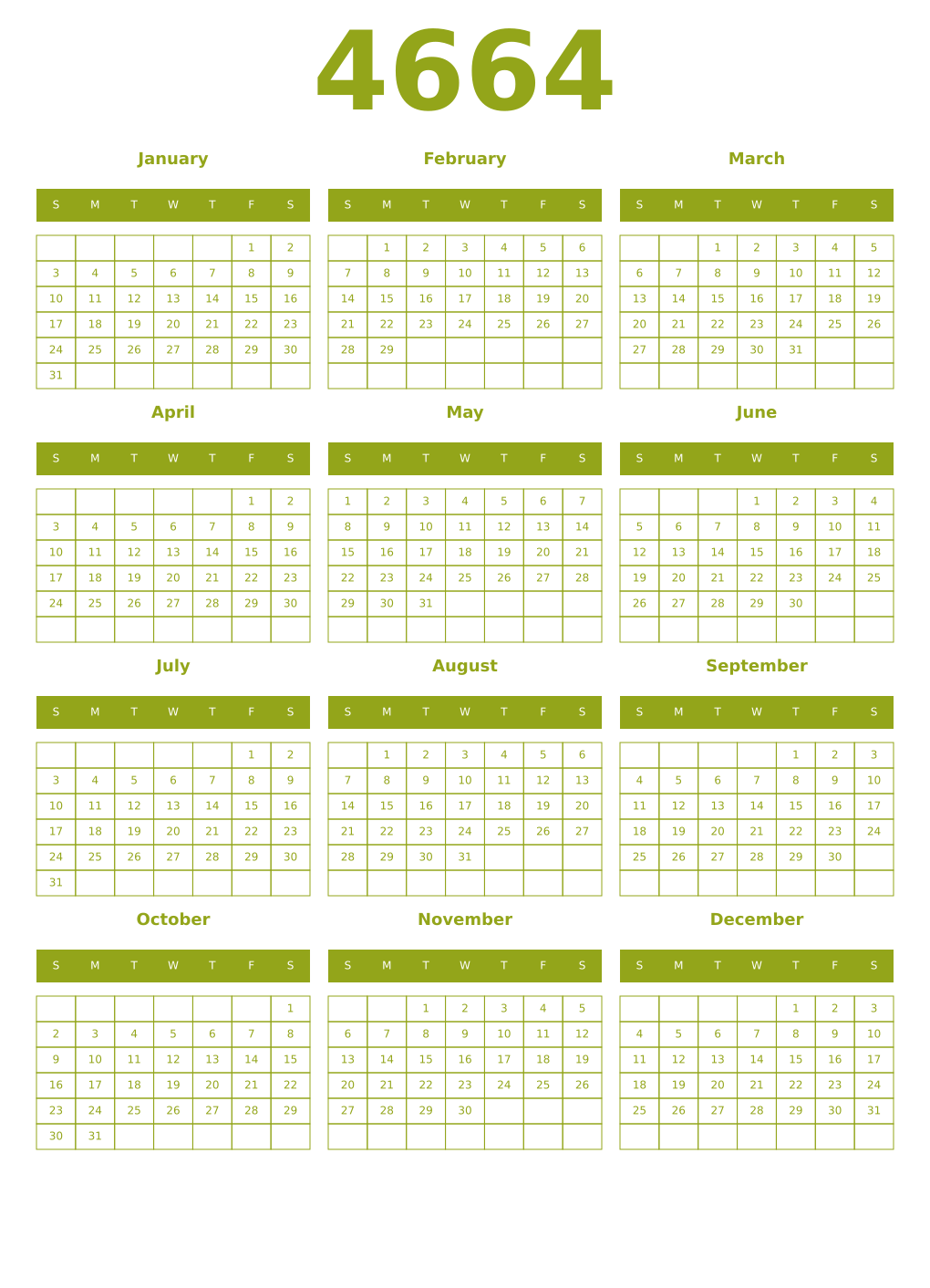Printable 4664 Year Calendars chartreuse