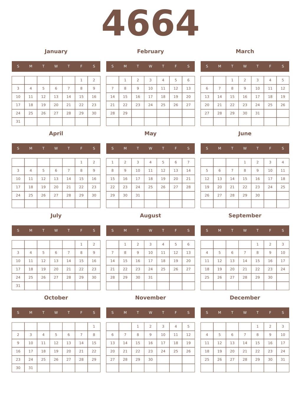 Printable 4664 Year Calendars coffe