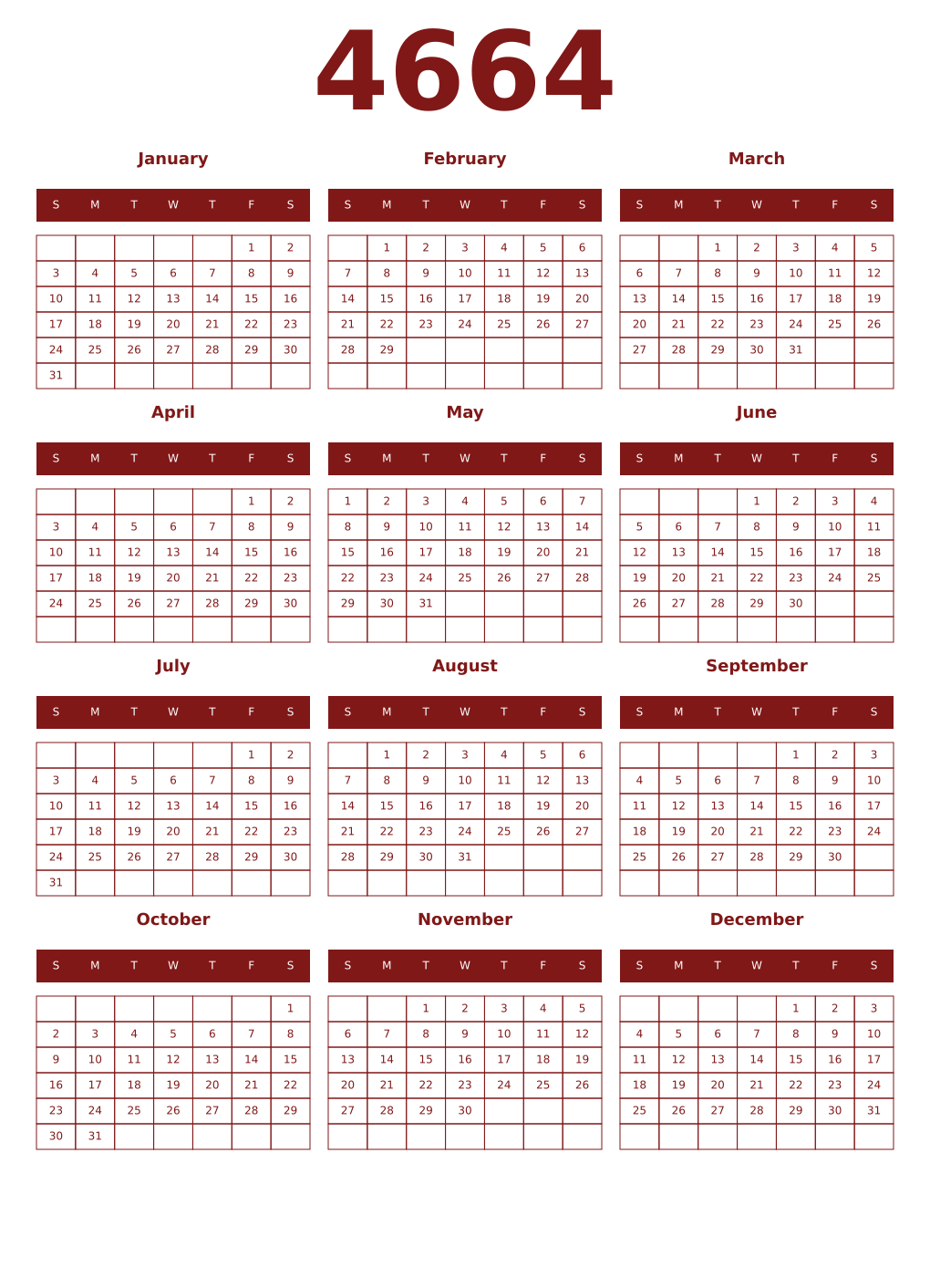 Printable 4664 Year Calendars falu