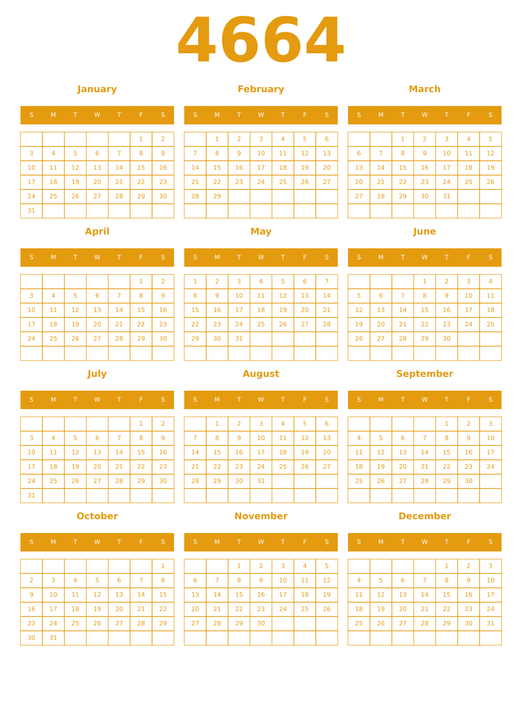 Printable 4664 Year Calendars gamboge