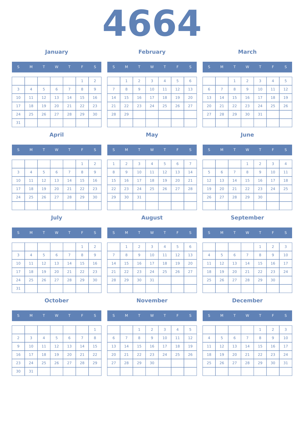 Printable 4664 Year Calendars glaucous