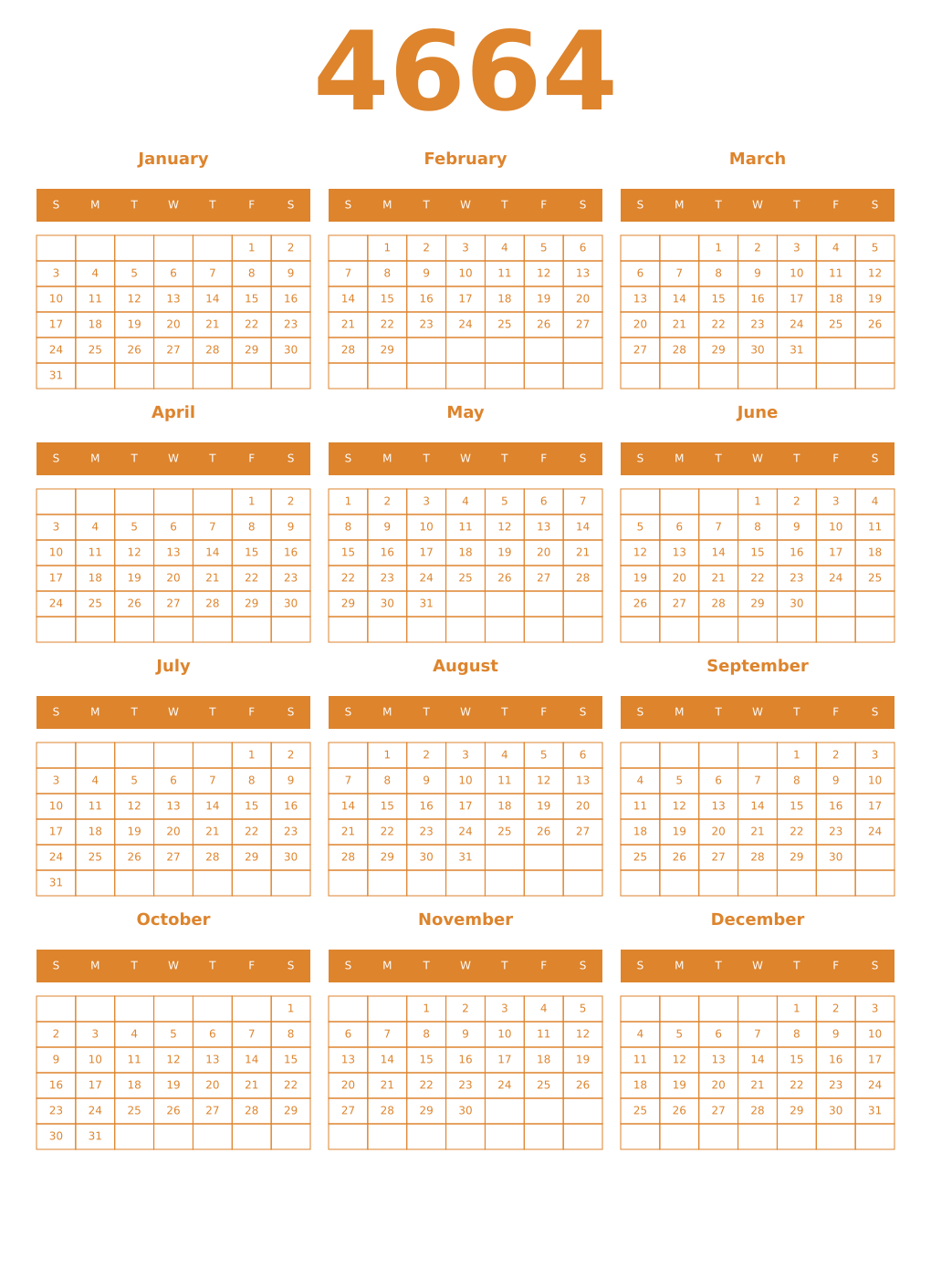 Printable 4664 Year Calendars orange