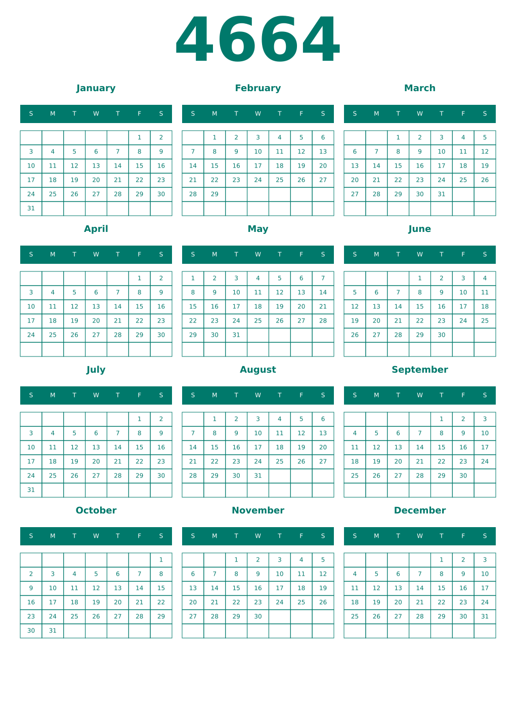 Printable 4664 Year Calendars pastel