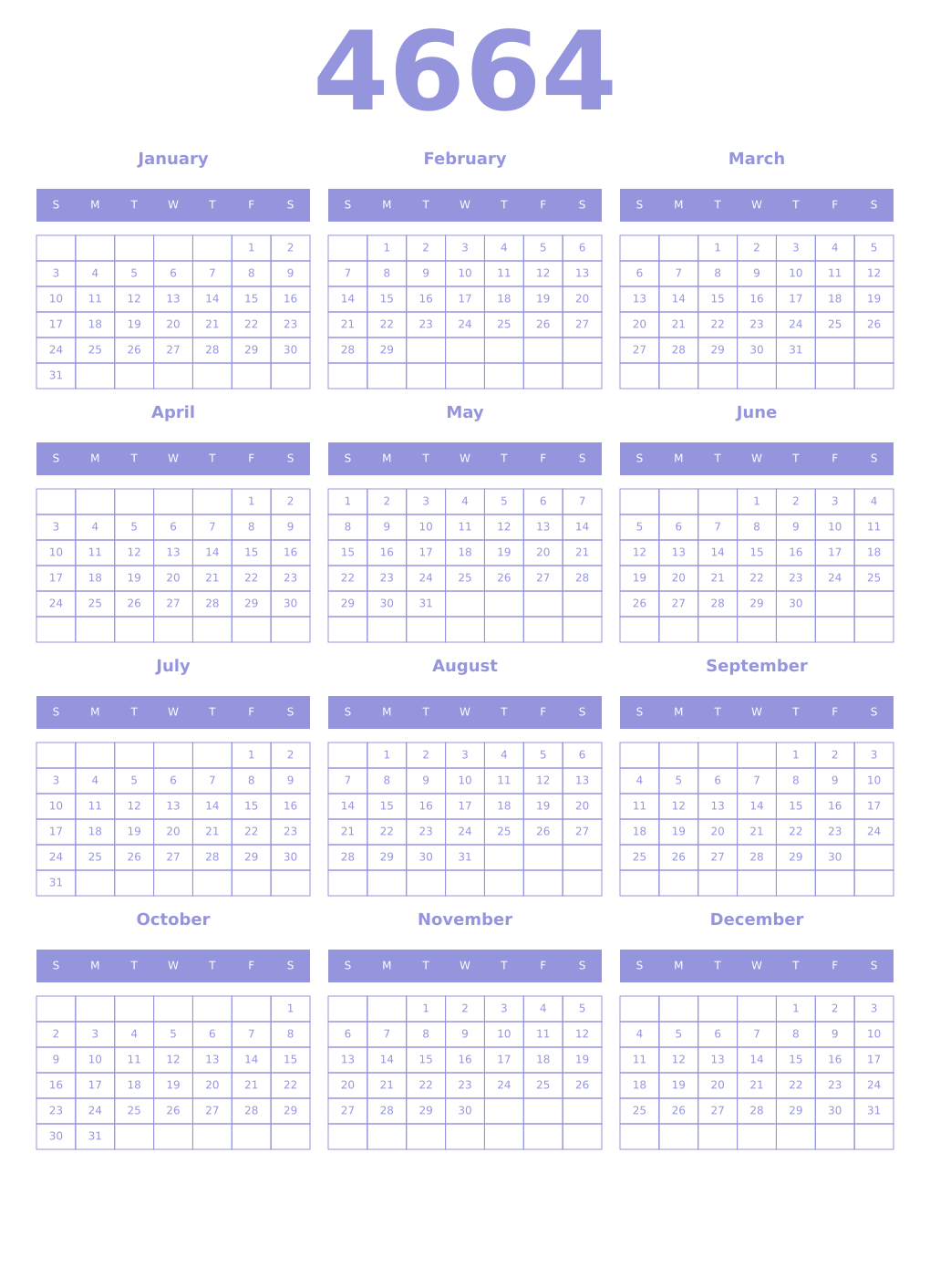 Printable 4664 Year Calendars periwinkle