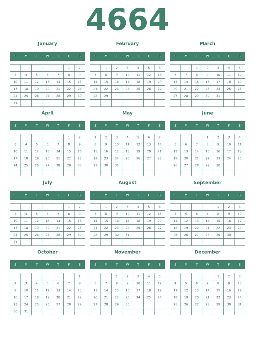 Printable 4664 Year Calendars viridian