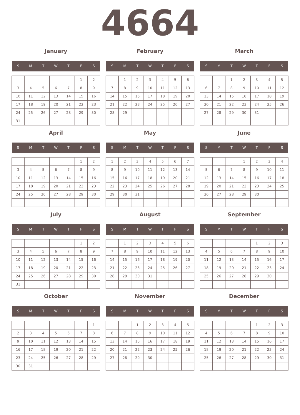 Printable 4664 Year Calendars wenge