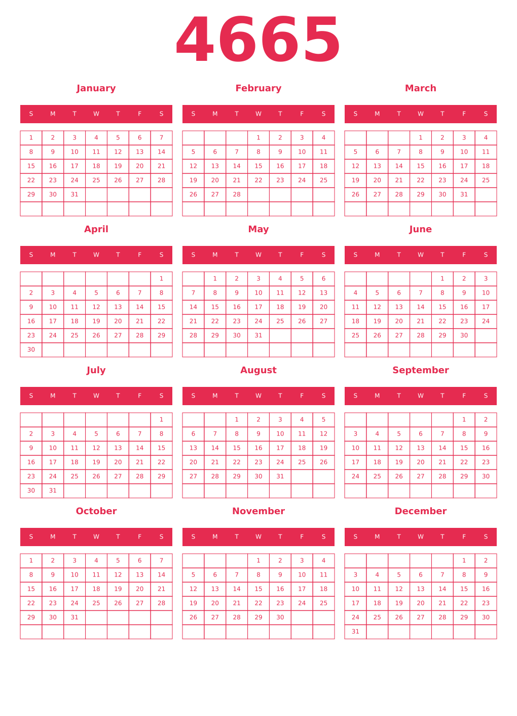 Printable 4665 Year Calendars amaranth