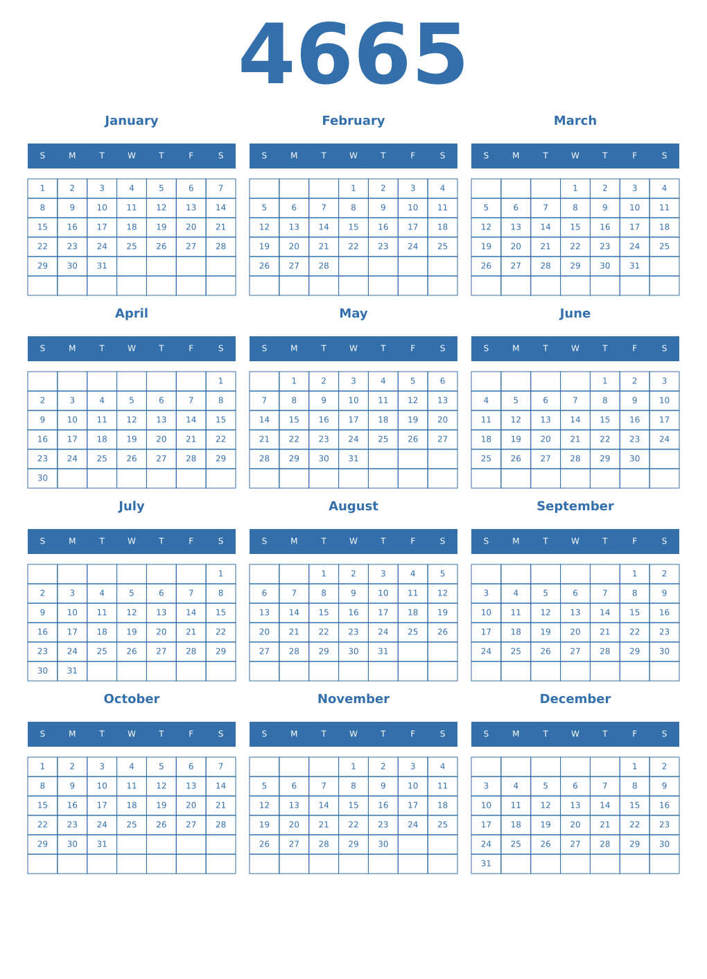 Printable 4665 Year Calendars blue