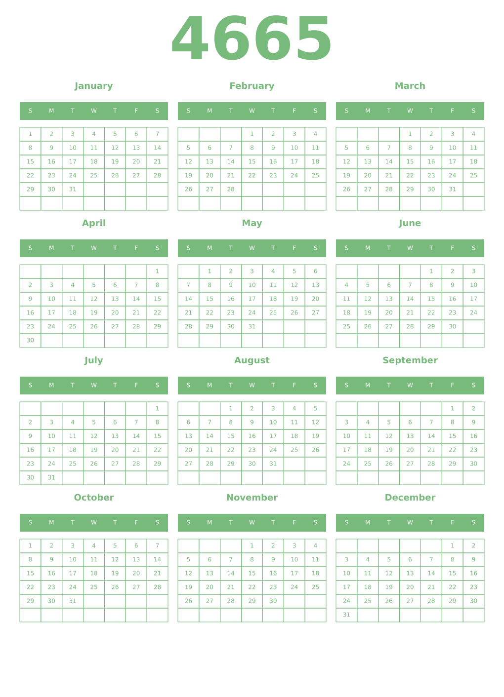 Printable 4665 Year Calendars celadon