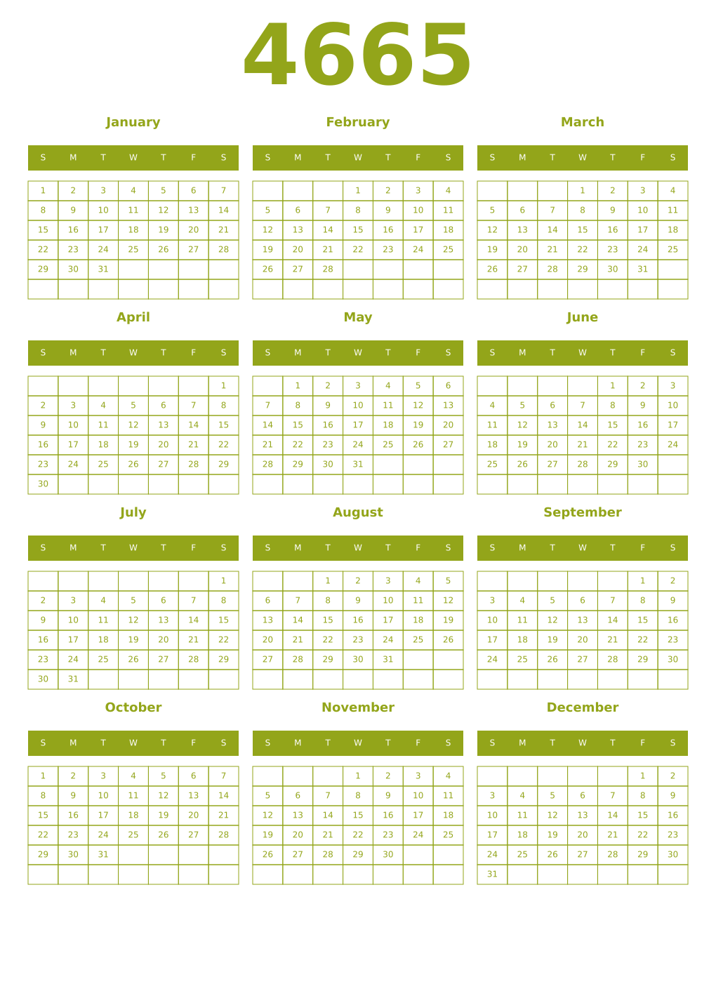 Printable 4665 Year Calendars chartreuse