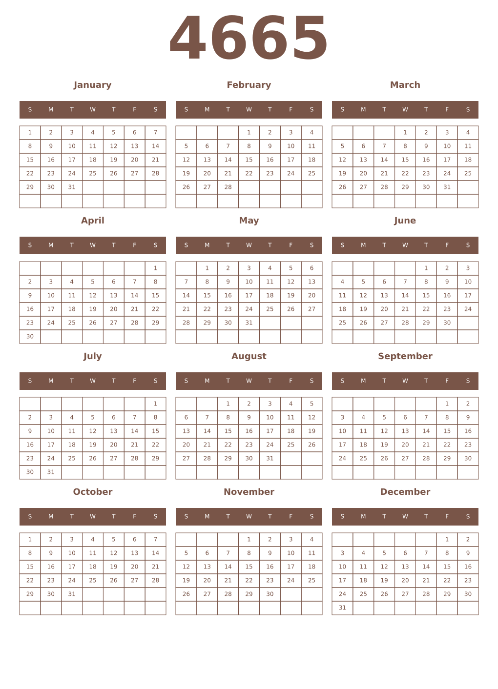 Printable 4665 Year Calendars coffe