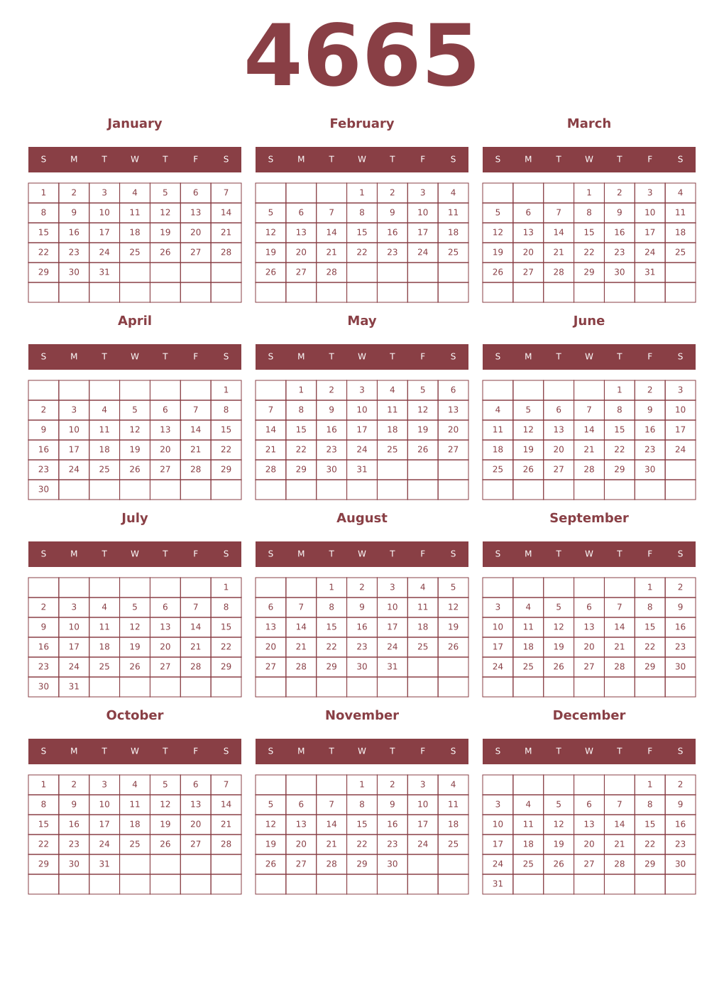 Printable 4665 Year Calendars cordovan