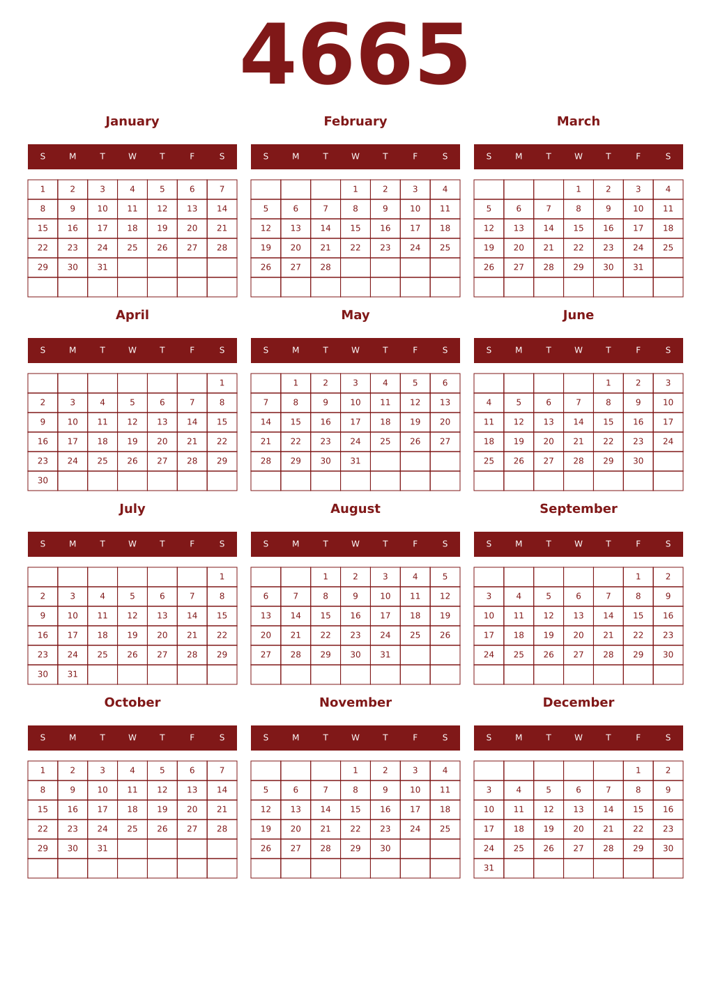 Printable 4665 Year Calendars falu