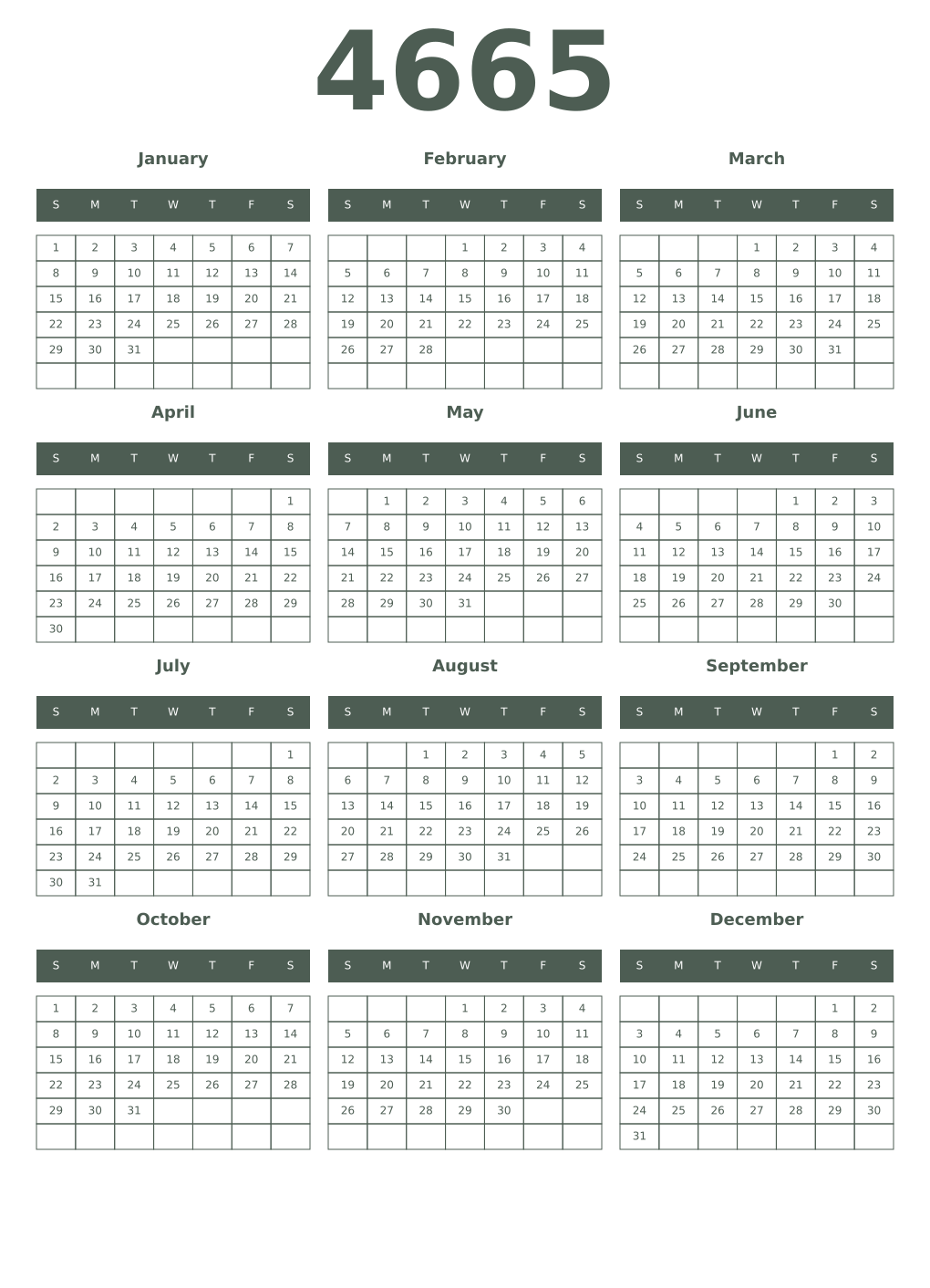 Printable 4665 Year Calendars feldgrau
