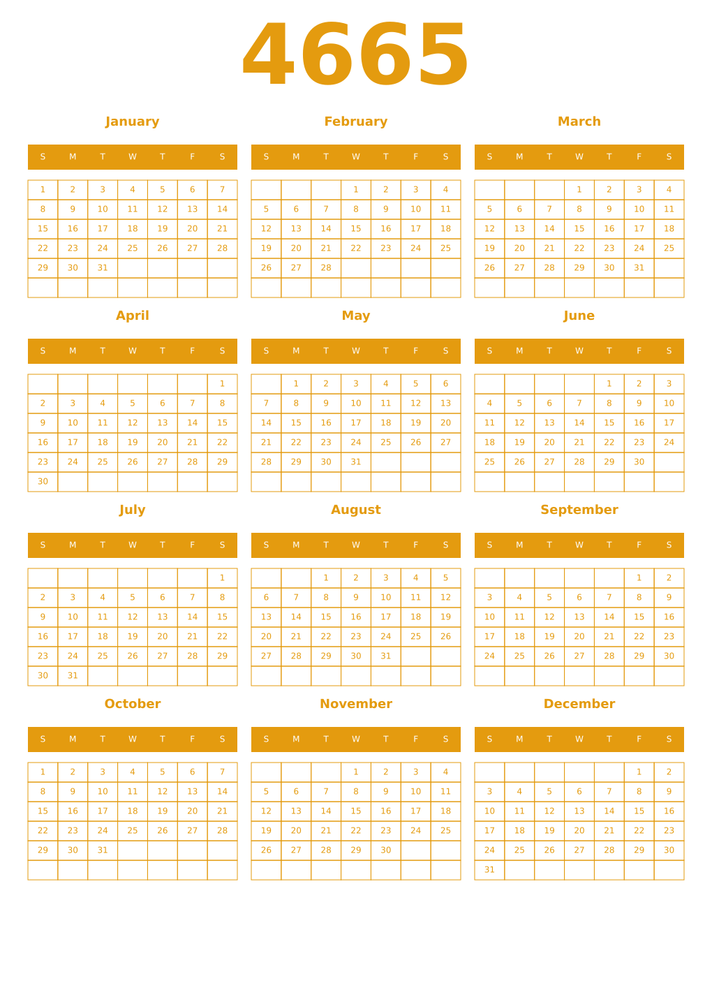 Printable 4665 Year Calendars gamboge