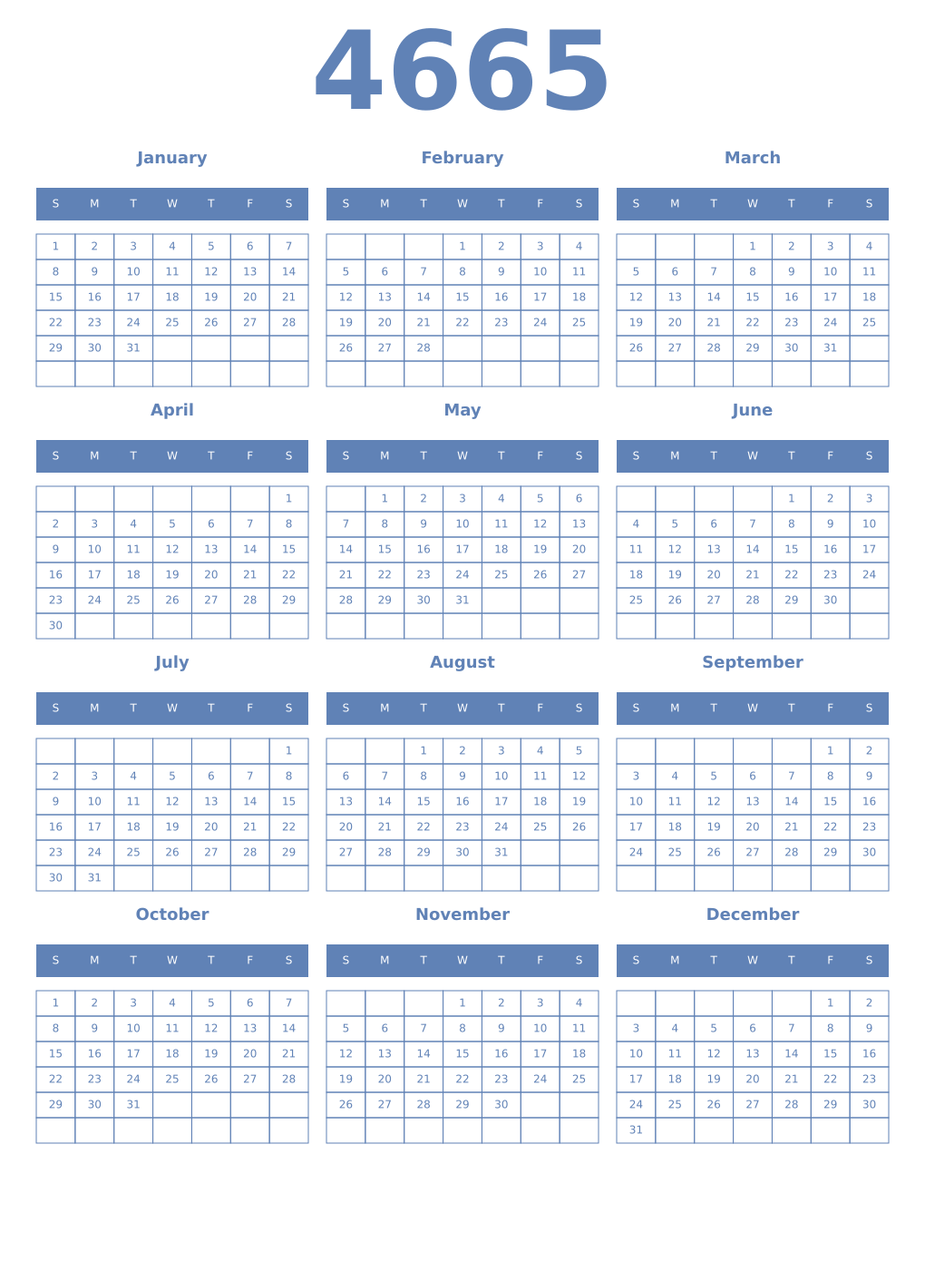 Printable 4665 Year Calendars glaucous