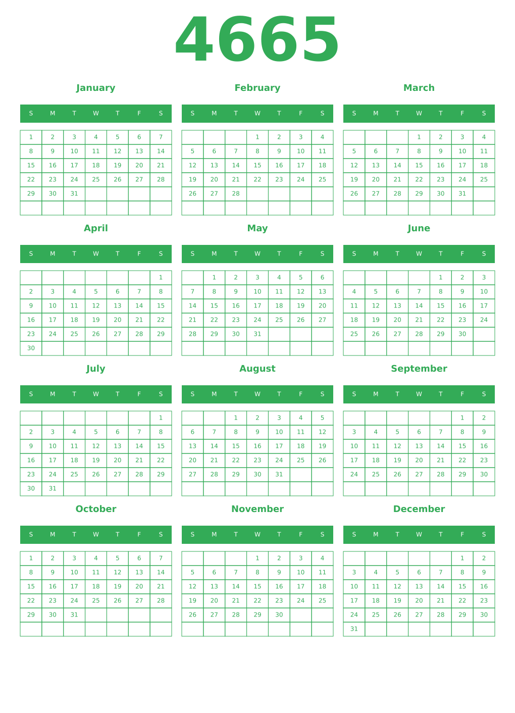 Printable 4665 Year Calendars green