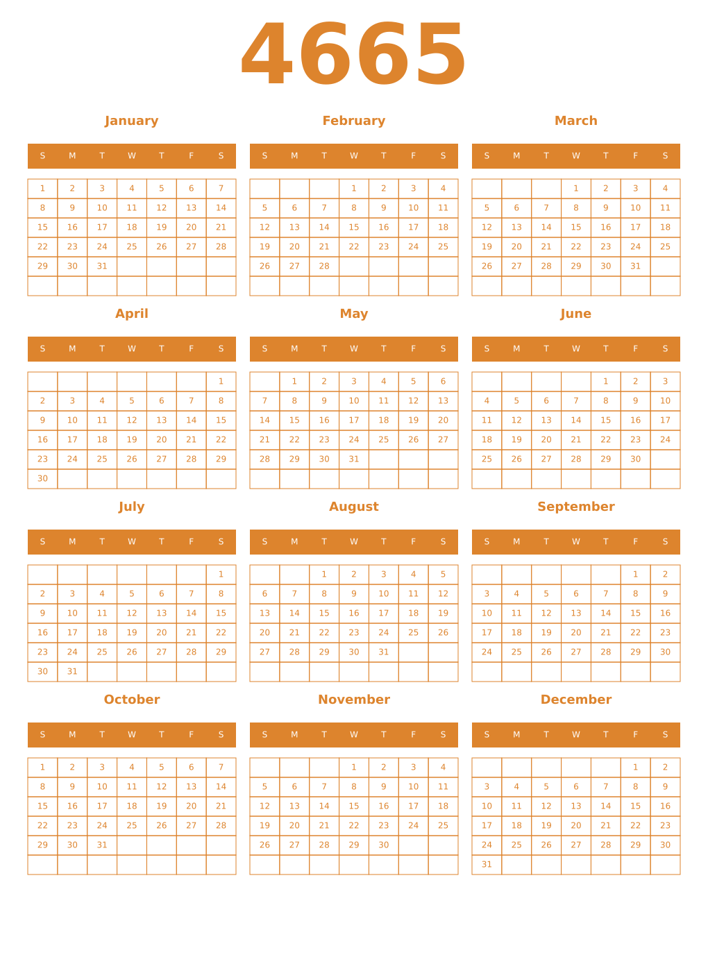 Printable 4665 Year Calendars orange