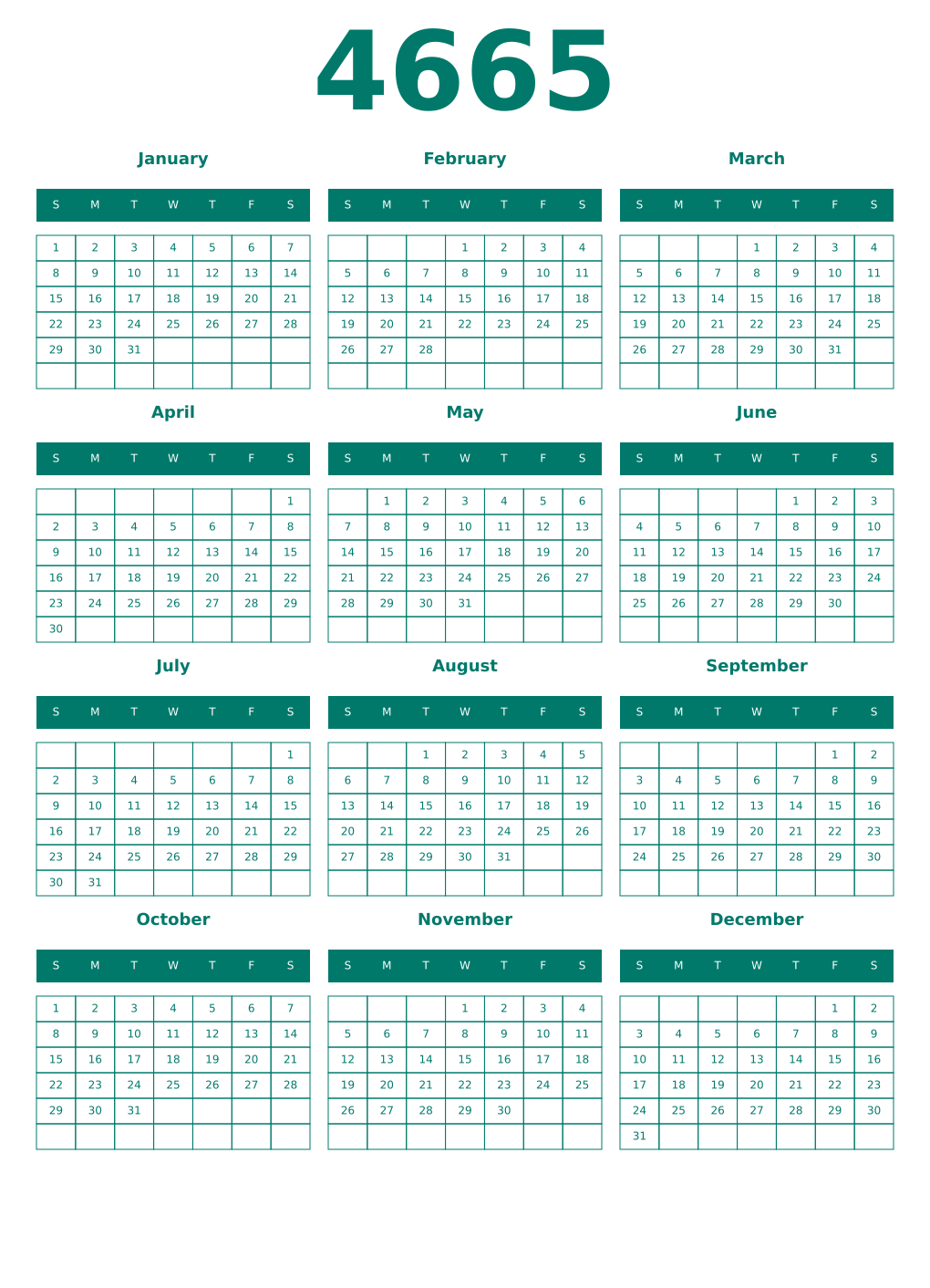 Printable 4665 Year Calendars pastel