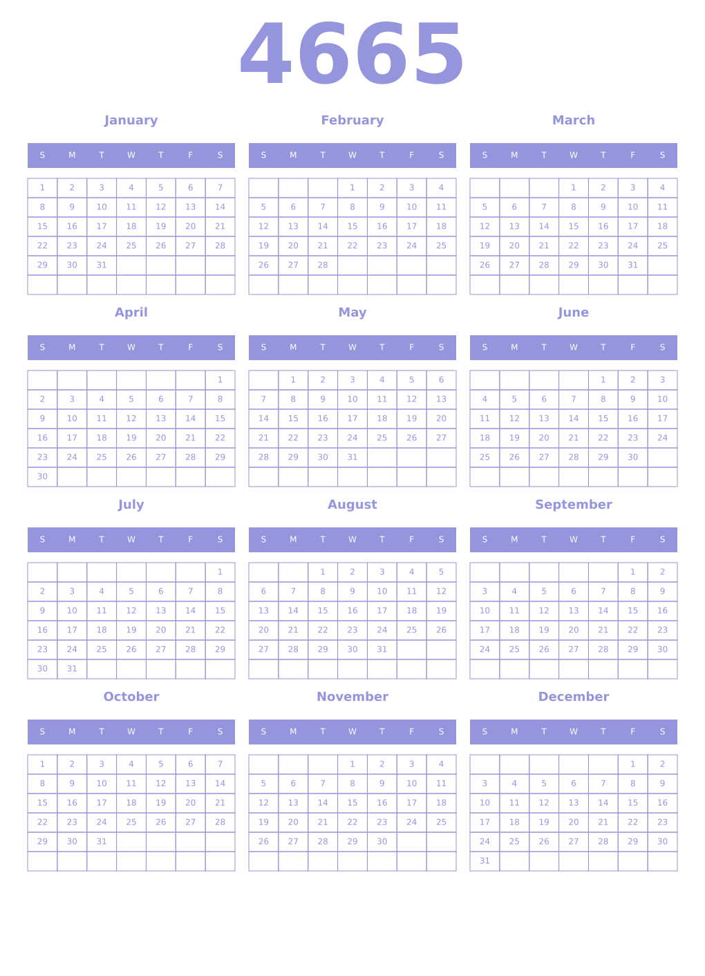 Printable 4665 Year Calendars periwinkle