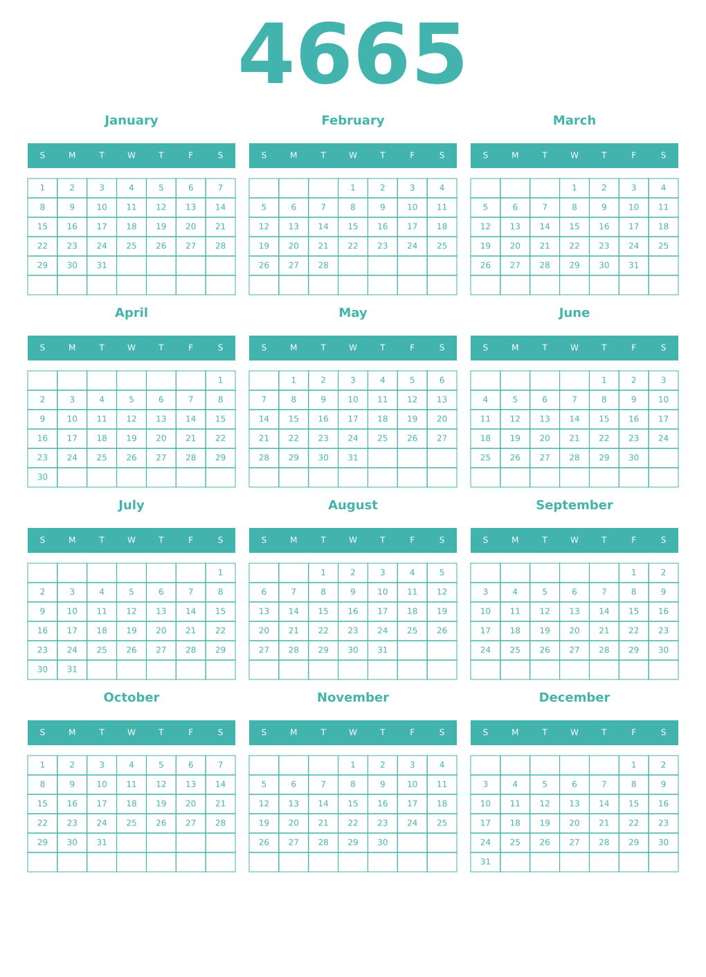 Printable 4665 Year Calendars verdigris