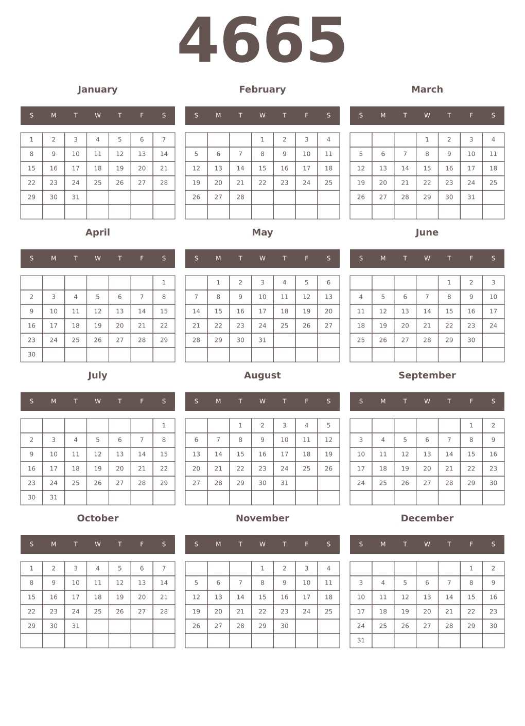 Printable 4665 Year Calendars wenge