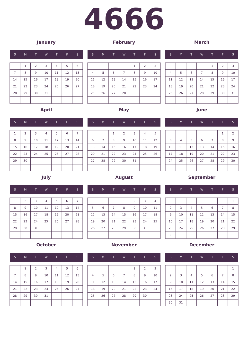 Printable 4666 Year Calendars aubergine
