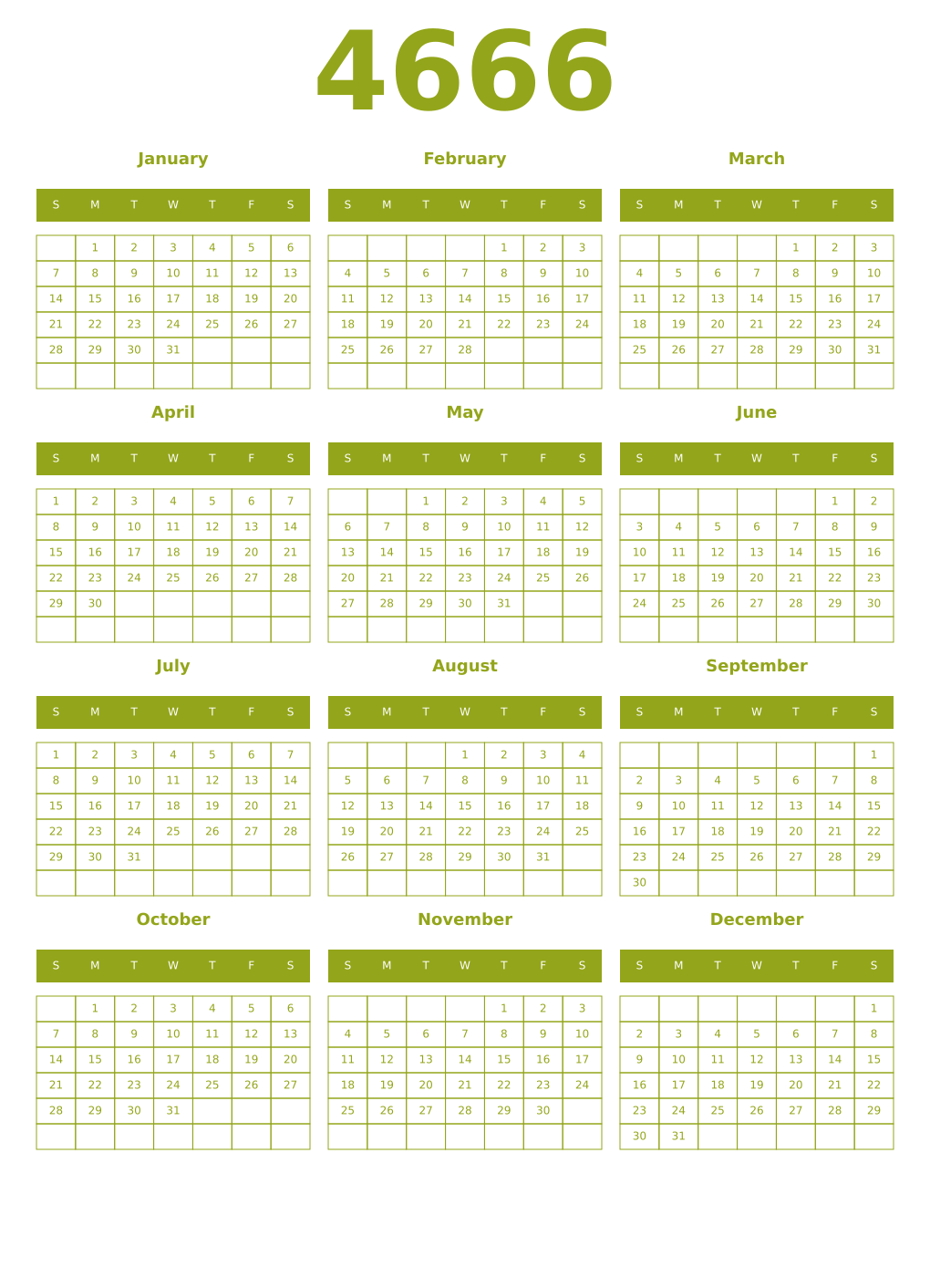 Printable 4666 Year Calendars chartreuse