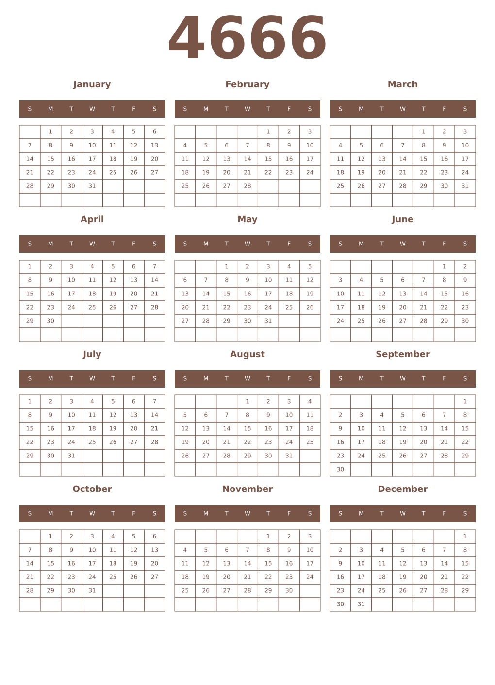 Printable 4666 Year Calendars coffe