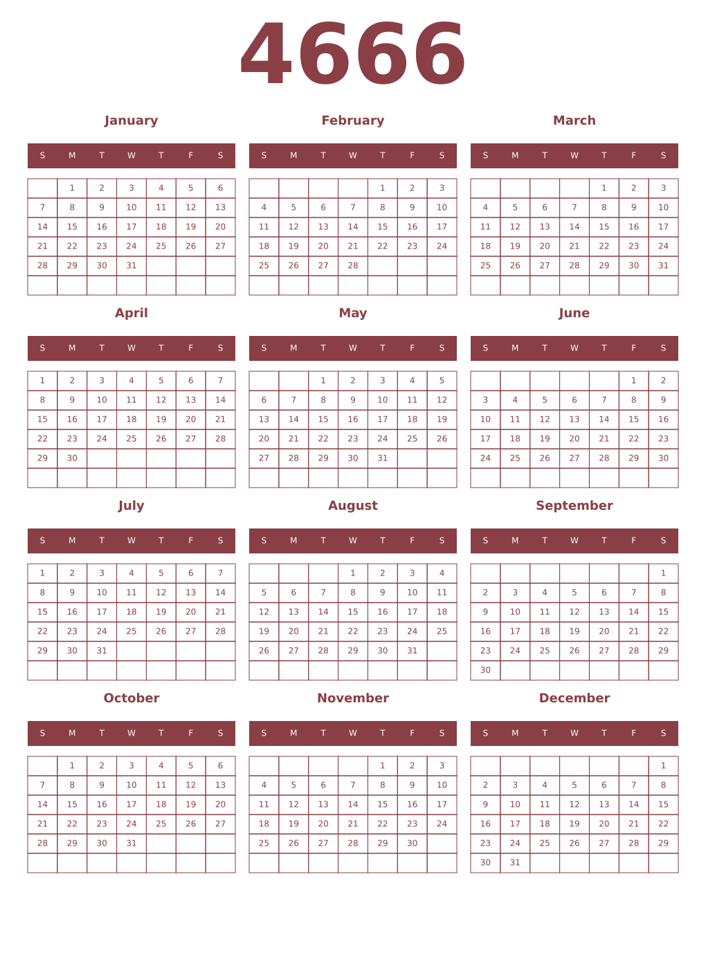 Printable 4666 Year Calendars cordovan