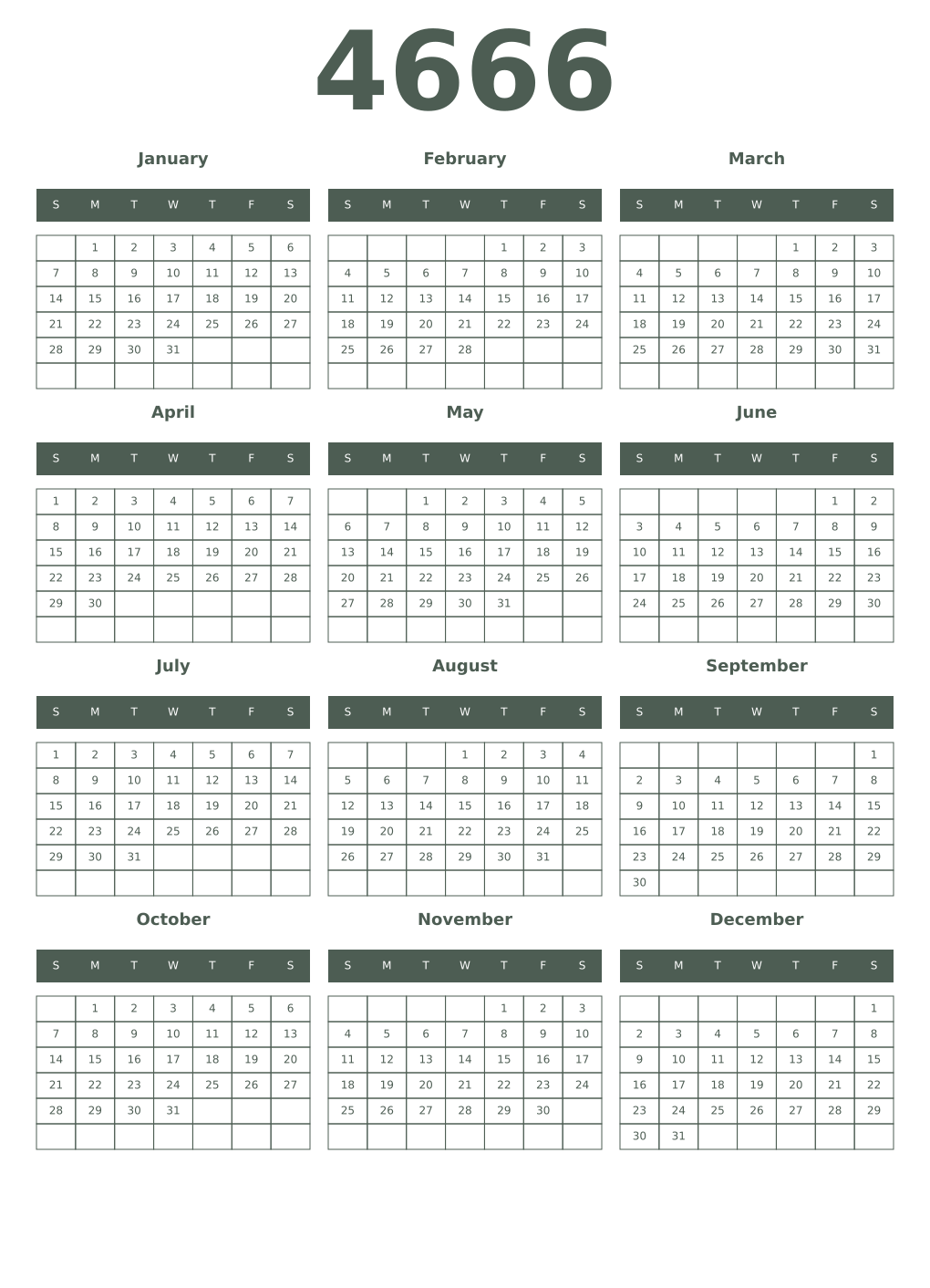 Printable 4666 Year Calendars feldgrau