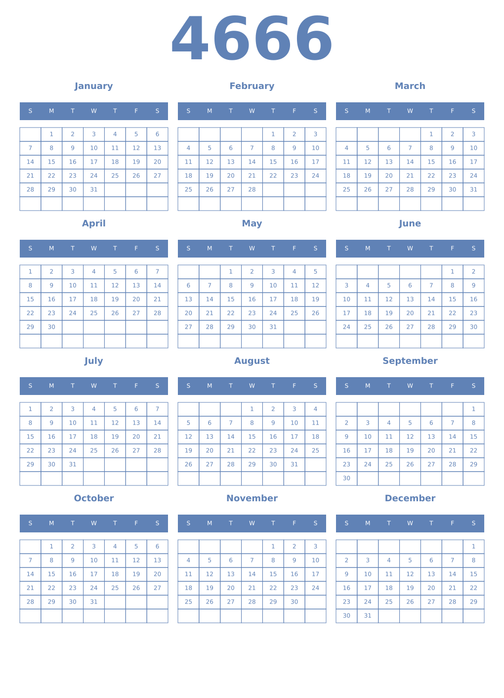 Printable 4666 Year Calendars glaucous