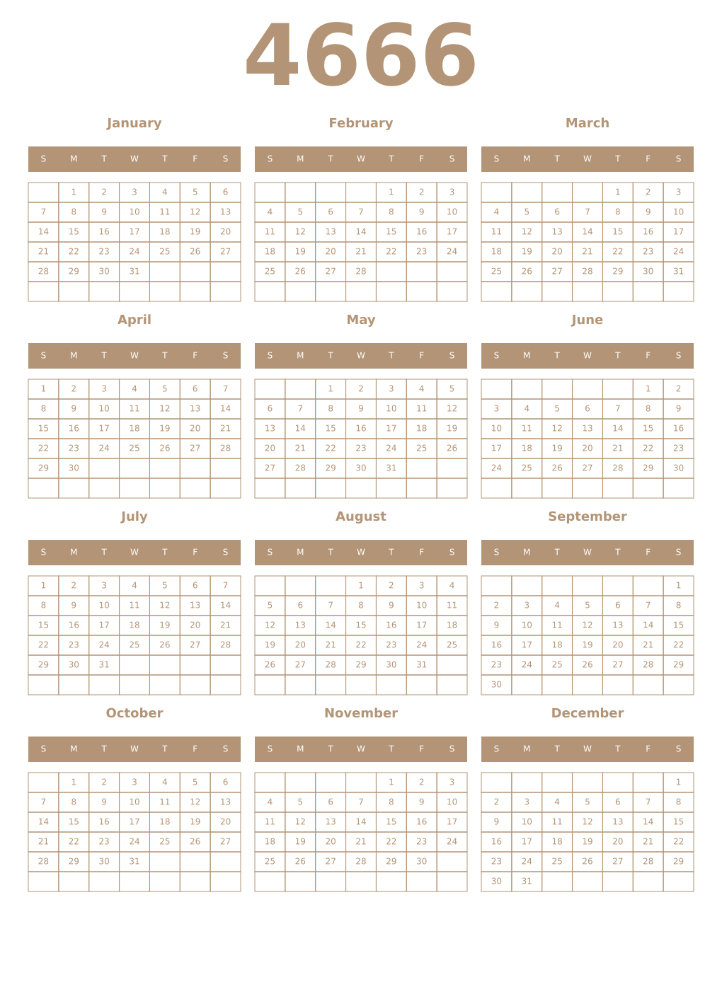 Printable 4666 Year Calendars isabelline